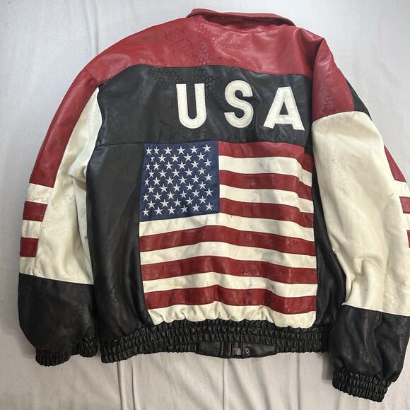 Misty Harbor USA American Flag Faux Leather Bomber Coat Jacket Sz XL Stars - Picture 10 of 16